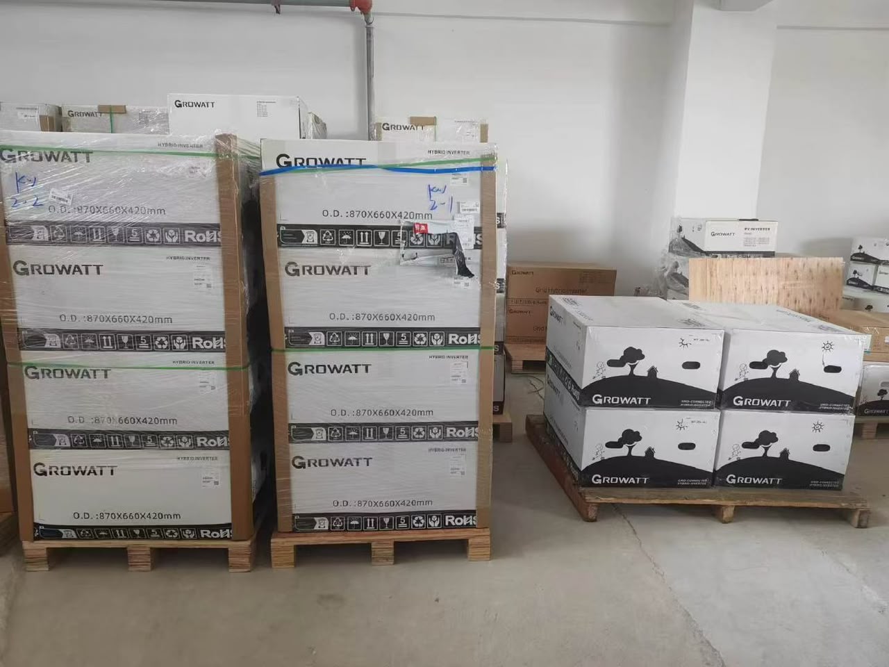 Growatt inverter cartons stacked on pallets indoors